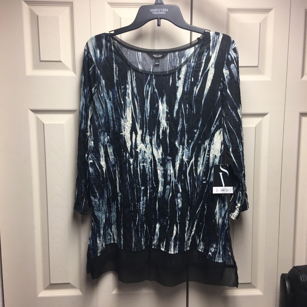 L Vera Wang blouse. Black, blues, and white. NWT.